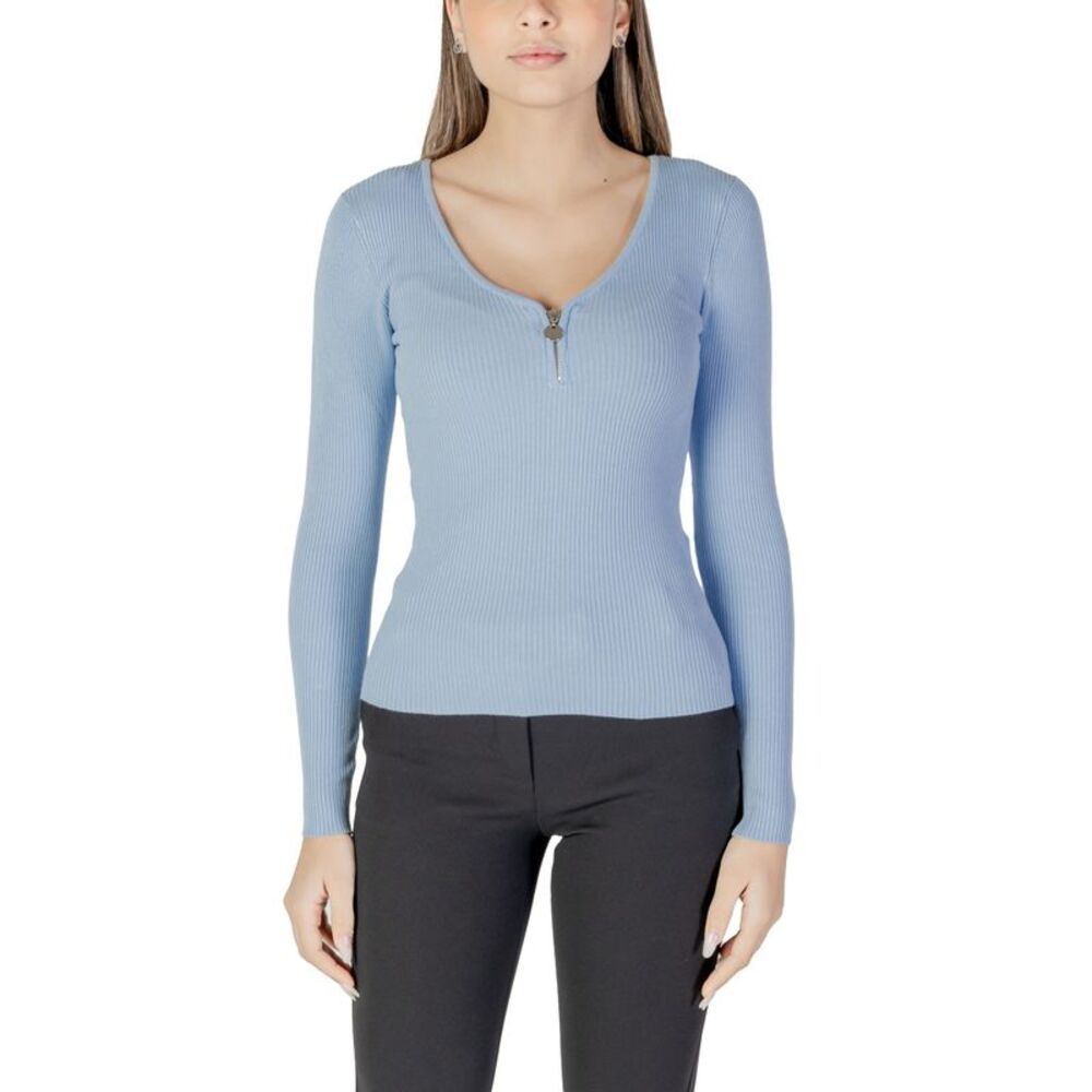 Morgan De Toi Ribbed Knit ZipUp VNeck Sweater Women blue Knitwear